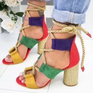 Whataoffers Women Fashion Sexy Cross Hollow Lace Up Design Color Blocking High Heel Sandals Shoes