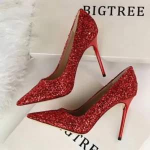 Whataoffers Women Sexy Shining Sequins Decor Pointed-Toe Stiletto Shoes Pumps