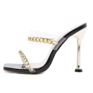 Whataoffers Women Sexy Plus Size Metal Chain Square-Toe High Heel Sandals