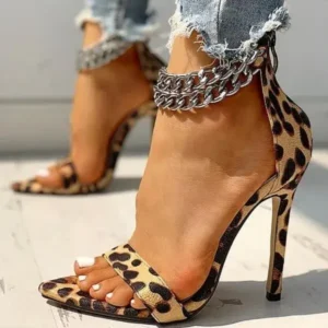 Whataoffers Women Sexy Metal Chain Buckle Ankle Strap Animal Printed High Heels