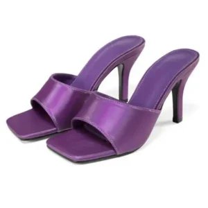 Whataoffers Women Sexy Square Head Purple Stiletto Slippers