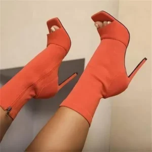 Whataoffers Women Fashion Plus Size Solid Color Zipper Peep-Toe Boots