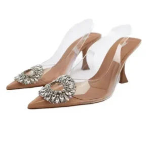 Whataoffers Summer Women Fashion Plus Size Pointed Toe Rhinestone Transparent Heeled Sandals