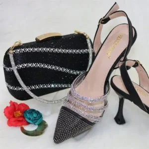 Whataoffers Women Classic Black Pointed Shoes Transparent Pvc Rhinestone Chain Square Hand Bag Set