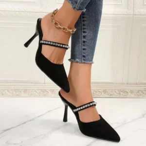 Whataoffers Summer Women Fashion Plus Size Elegant Pointed Toe Strap Rhinestone Stiletto Heel Slippers