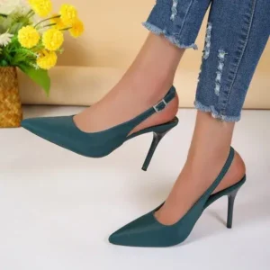 Whataoffers Summer Women Fashion Plus Size Elegant Pointed Toe Strap Buckle Sling Back Stiletto Heel PU Sandals