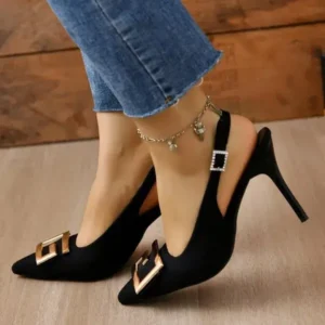 Whataoffers Summer Women Fashion Casual Plus Size Solid Color Pointed Toe Metal Buckle Sling Back High Heel Sandals