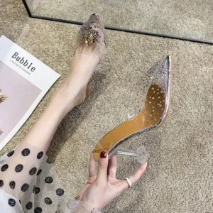 Whataoffers Women Fashion Sexy Rhinestone Decorative Pointed Toe Transparent High Heel Sandals