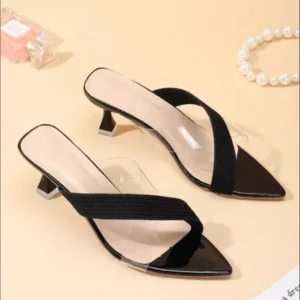 Whataoffers Women Fashion Cross Transparent Design Pointed Toe High Heel Slippers