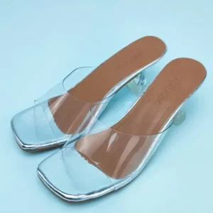 Whataoffers Women Fashion Casual Square Toe Transparent Design Mid Heel Slippers