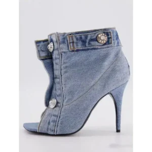 Whataoffers Women Fashion High Heel Denim Button High Top Boots