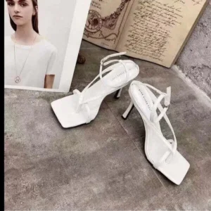 Whataoffers Women Fashion Sexy PU Solid Color Square Toe Stiletto Heel Ankle Strap Buckle Thong Sandals