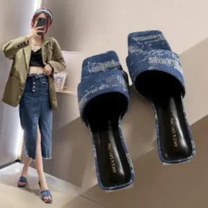 Whataoffers Women Fashion Casual PU Denim Square Toe Chunky Heel Slippers