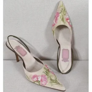 Whataoffers Women Fashion Elegant Floral Printed Pointed Toe Stiletto Heel Sandals