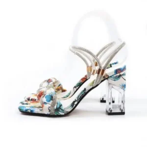 Whataoffers Women Fashion Sexy PU Rhinestone Floral Printed Square Toe Chunky Heel ?Sandals