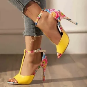 Whataoffers Women Fashion Sexy Floral Printed Peep Toe Stiletto Heel Ankle Strap Buckle Sandals