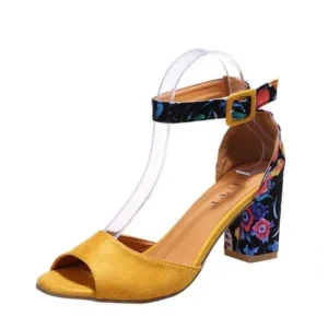 Whataoffers Women Fashion Sexy PU Floral Printed Peep Toe Chunky Heel Ankle Strap Buckle Sandals