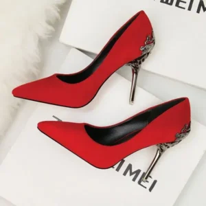 Whataoffers Women Fashion Sexy PU Solid Color Pointed Toe Metal Stiletto Heel Pumps