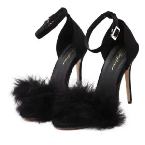 Whataoffers Women Fashion Sexy PU Solid Color Feather Peep Toe Stiletto Heel Ankle Strap Buckle Sandals