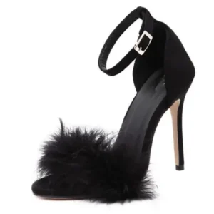 Whataoffers Women Fashion Sexy Solid Color Feather Peep Toe Stiletto Heel Ankle Strap Buckle Sandals