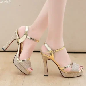 Whataoffers Women Fashion Elegant PU Round Toe Platform Ankle Strap Buckle Sandals