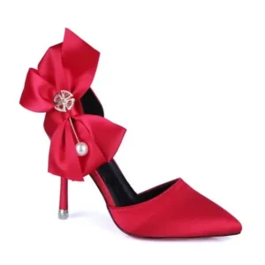 Whataoffers Women Fashion Elegant Solid Color PU Pointed Toe Bowknot Pumps