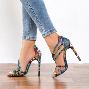 Whataoffers Women Fashion Sexy PU Snake Patterned Pointed Toe Stiletto Heel Sandals