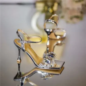 Whataoffers Women Fashion Sexy PU Rhinestone Square Toe Ankle Strap Buckle Stiletto Heel Sandals