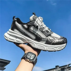 Whataoffers Men Casual Retro Breathable Lace-Up PU Mesh Sneakers