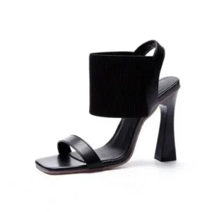 Whataoffers Women Fashion Elegant Solid ColorPU Square Toe Chunky Heel Elastic Sandals