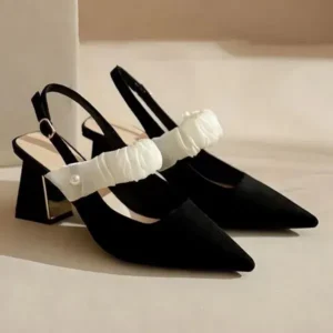 Whataoffers Women Fashion Elegant Solid Color PU Pointed Toe Kitten Heel Sandals