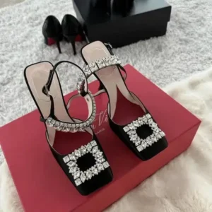 Whataoffers Women Fashion Elegant PU Square Toe Rhinestone Stiletto Heel Ankle Strap Buckle Sandals