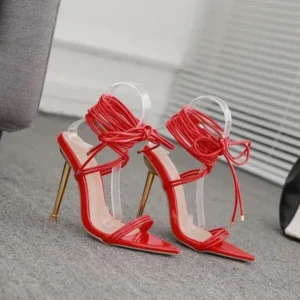 Whataoffers Women Fashion Sexy Solid Color PU Bandage Stiletto Heel Sandals