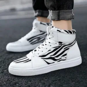 Whataoffers Men'S Fashion Zebra Print Breathable Canvas High Top Sneakers