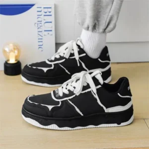 Whataoffers Men'S Fashion Black White Breathable Canvas Sneakers