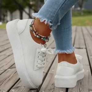 Whataoffers Women Fashion Plus Size Mesh Breathable Lace-Up Round-Toe Sneakers