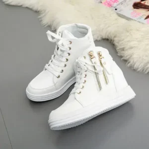 Whataoffers Women Fashion Solid Color Side Zipper Lace-Up Round Head Thick-Soled Sneakers