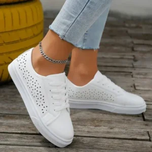 Whataoffers Women Fashion Solid Color Plus Size Hollow Lace-Up Round-Toe Sneakers