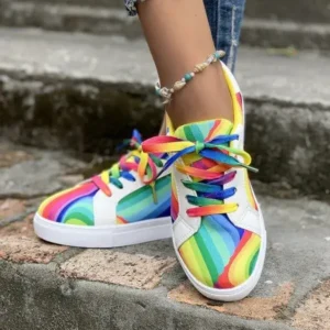 Whataoffers Women Fashion Casual Plus Size Graffiti Lace-Up Sneakers