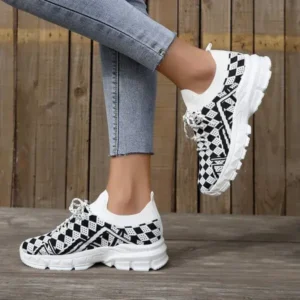 Whataoffers Summer Women Fashion Casual Geometric Print Fly-Woven Lace-Up Sneakers