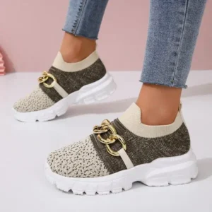 Whataoffers Women Fashion Color Block Metal Chain Thick-Soled Breathable Fly-Woven Sneakers