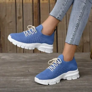 Whataoffers Women Fashion Casual Breathable Flying Woven Lace-Up Thick-Soled Sneakers