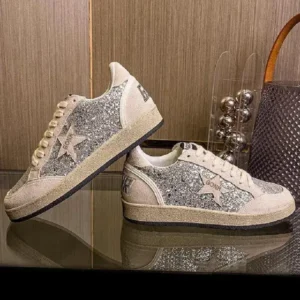 Whataoffers Women Fashion Distressed Sequins Star Round-Toe Sneakers