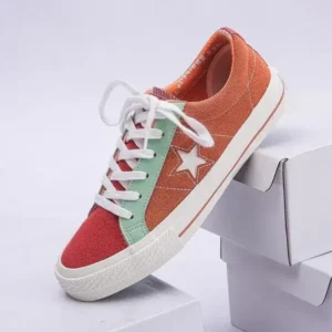 Whataoffers Women Fashion Stitching Canvas Star Round Toe Sneakers