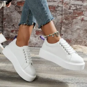 Whataoffers Women Fashion Solid Color Round-Toe Lace-Up Thick-Soled Sneakers