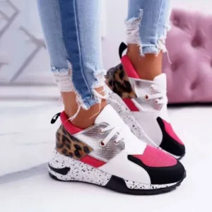 Whataoffers Women Casual Leopard Printed Patchwork Lace Up Sneakers