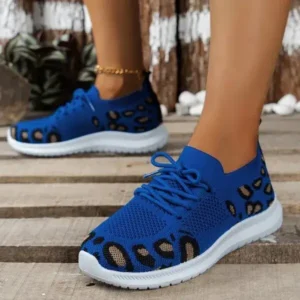 Whataoffers Women Fashion Casual Leopard Print Round Toe Fly-Woven Stretch Sneakers