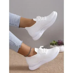 Whataoffers Summer Women Fashion Breathable Mesh Fly-Woven Solid Color Sneakers