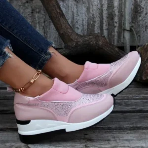 Whataoffers Women Fashion Casual Rhinestone Breathable Wedge Heel Sneakers