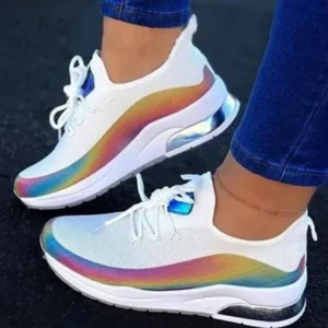 Whataoffers Women Fashion Casual Rainbow Color Blocking Sneakers